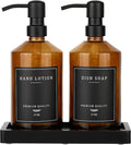 Amber Glass Soap Dispenser, Bathroom Hand Soap Dispensers with Stainless Pump, 17 Oz Kitchen Hand and Dish Soap Dispenser Set, Modern Liquid Soap Lotion Dispenser (Amber Bottle/Black Pump)