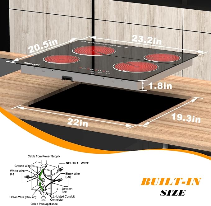 4 Burner Electric Cooktop, TOPWISH 24 Inch, Built-in Electric Stove Top, 220-240v Radiant Cooktop with Child Lock, Touch Control, Residual Heat Indicator, Overheat Protection, Hard Wire (No Plug) | 240V Electric Cooktop 4 Burner Kitchen Stoves, Radiant...