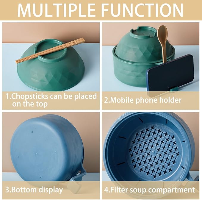 2 Sets Microwave Ramen Bowl 40 oz Wheat Fiber Portable Instant Noodle Cooker Bowl with Handles Strainer Spoon Chopstick Fork College Dorm Room Apartment Essentials(Dark Green,Dark Blue)