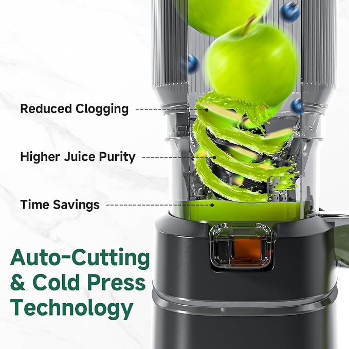 AMZCHEF Cold Press Juicer Machine, 5.8" Wide Chute for Whole Fruits & Vegetables, Self-Feeding Slow Masticating Juicer, 3-in-1 for Juice, Nut Milk & Sorbet, Triple Filtration, Easy Clean