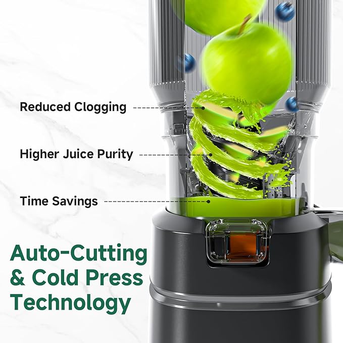 AMZCHEF Cold Press Juicer – 6.5" Wide Mouth Hopper for Whole Recipe Loading, Self Feeding for Hands-Free Operation, Zero Waste Masticating Juicer For More Juice, Less Pulp – Triple Strainers
