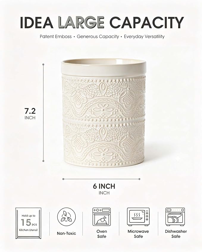 FUN ELEMENTS Kitchen Utensil Holder, 7.2" Super Large Utensil Crock Heavy and Stable Lace Emboss Ceramic Utensil Holder for Kitchen Counter (Lace Emboss)