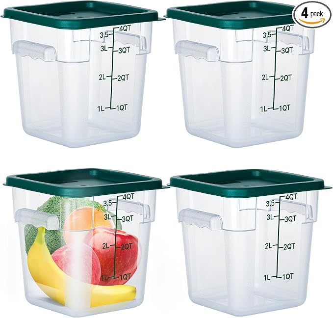 4 Pack 4 Qt Square Polycarbonate Food Storage Containers with Lids | Clear BPA-free PC with lids, side handles, measurement scale and stackable design; for food prep, storage and freezer use.