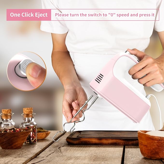 Yomelo 9-Speed Digital Hand Mixer Electric, 400W Powerful DC Motor, Hand Mixer Electric Handheld with Snap-On Storage Case, 5 Stainless Steel Accessories, Beaters, Dough Hooks, Whisk(Pink/White)