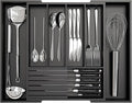 Bamboo Kitchen Silverware Drawer Organizer - Expandable Wood Utensil Holder with Dividers, Luxury Cutlery Storage Tray for Kitchen Utensil and Flatware (5-7 Slots with Removable Knife Block, Black)