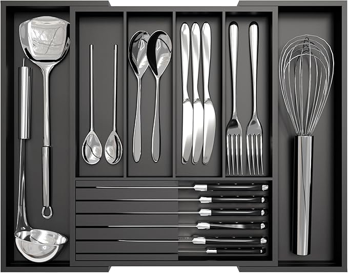 Bamboo Kitchen Silverware Drawer Organizer - Expandable Wood Utensil Holder with Dividers, Luxury Cutlery Storage Tray for Kitchen Utensil and Flatware (5-7 Slots with Removable Knife Block, Black)