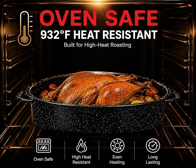 16 Inch Enamel Roasting Pan with Lid & Rack, Oven & Dishwasher Safe Turkey Roaster, 932°F Heat Resistant, Includes Silicone Handles & Cleaning Sponges