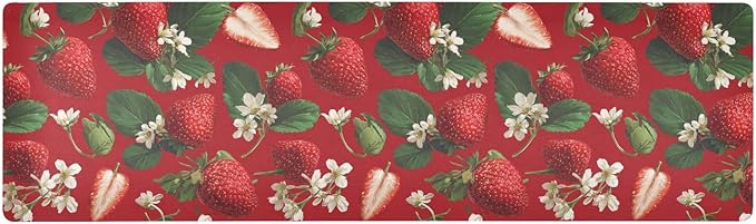 2-in-1 Table Runner Trivet for Hot Dishes Heat Resistant Hot Plate Mat Pad 39x12 Inch Waterproof Table Protector Trivets for Countertop Non Slip Decorative Red Strawberries Flowers