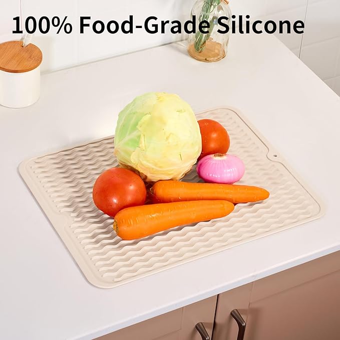 ZLR Silicone Dish Drying Mat & Heat Resistant Trivet (12" x 16") - Waterproof Counter Protector for Air Fryer, Coffee Maker - Non-Slip, BPA Free Kitchen Pad, Easy Clean Dishwasher Safe (Cassava White)