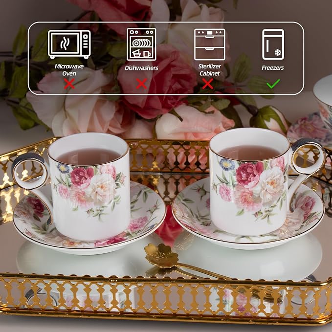 KAMMAK Tea Cups and Saucers Set of 2, Porcelain Coffee Cups, Stackable Espresso Mugs, Ceramic Demitasse for Coffee, Cappuccino, Latte, Americano, Tea, Gray