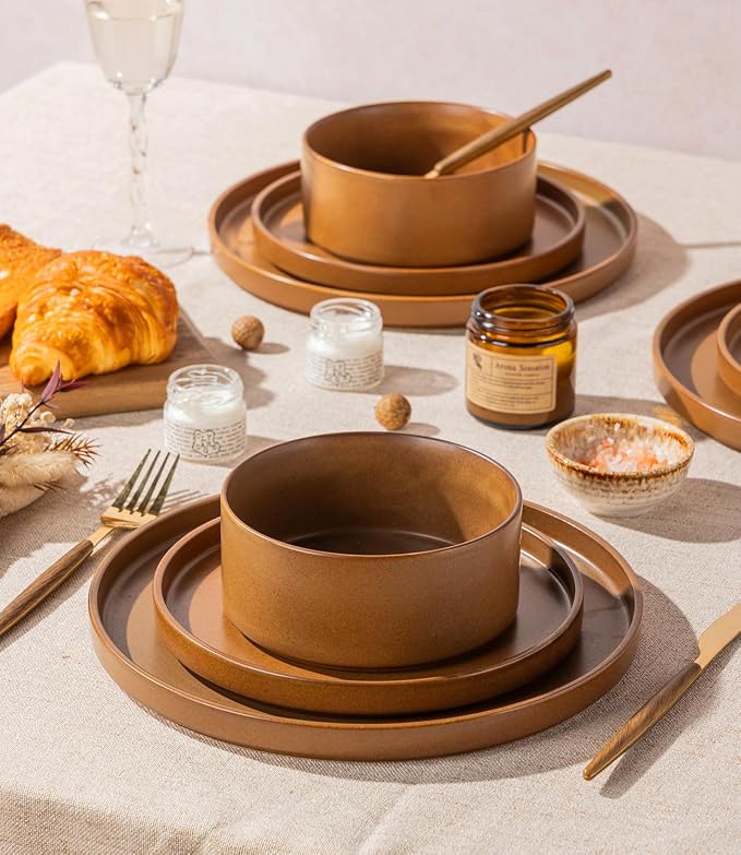 LERATIO Ceramic Dinnerware Sets for 6, High Edge Stoneware Plates and Bowls Set, Chip and Crack Resistant | Oven & Dishwasher & Microwave Safe Dishes Set, Service for 6
