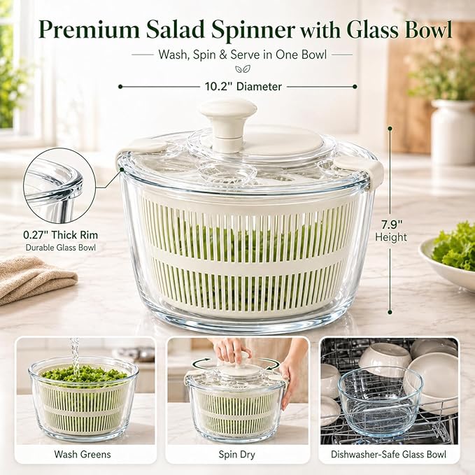 Large 5.2 Qt Glass Salad Spinner Vegetable Dryer with Drain Microwave Safe Dishwasher Safe with Transparent Lid Crank Handle Quick Spin Greens Washer for Lettuce Herbs Fruits (off-white)