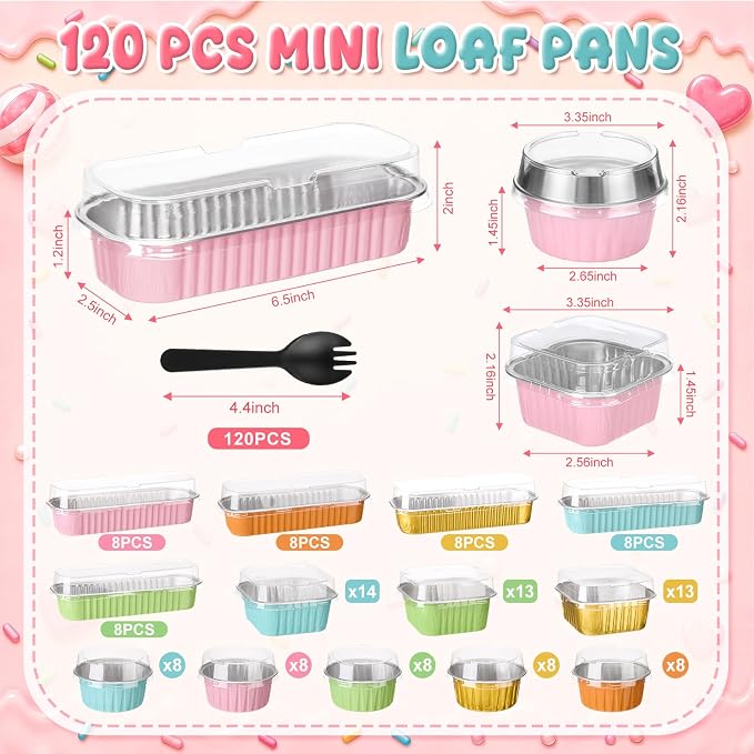 Blushtier 120 Set/240 Pcs Mini Loaf Pans with Lids and Spoons Disposable Mini Cake Pans, 6.8, 5, 4.2 oz Square Rectangle Round Aluminum Foil Cupcake Baking Cups Dessert Liners Tins for Desserts