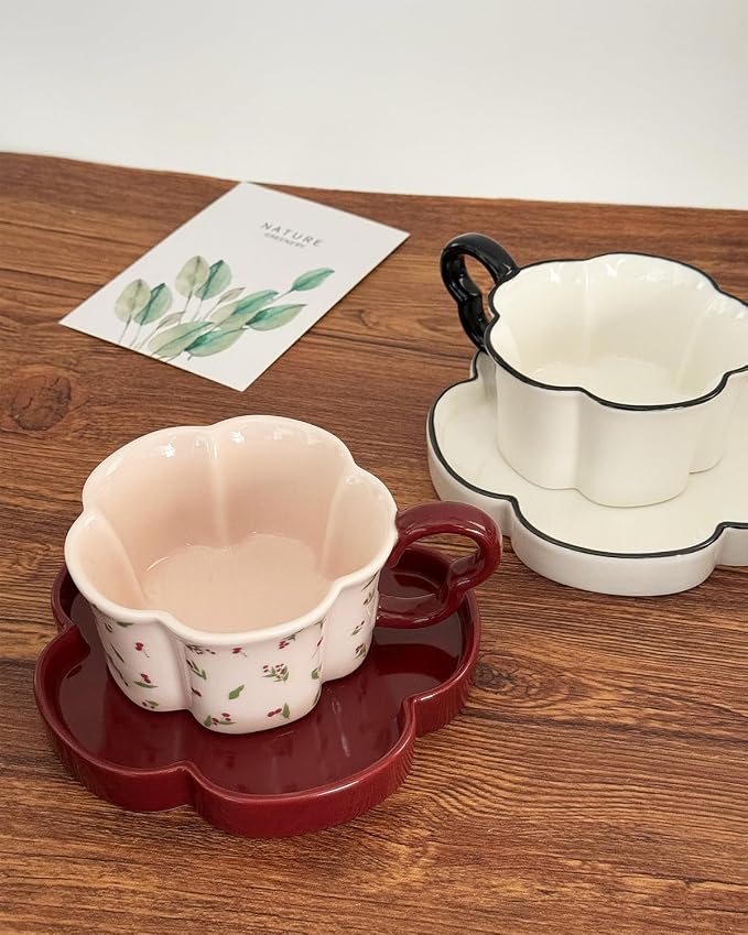 Ceramic Coffee Mug with Saucer Set, Creative Cute Cup with Flower Coaster for Office and Home, 8.4 oz/240 ml for Tea Latte Milk-Pink Cherry (Pink Cherry)