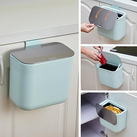 Hanging Kitchen Trash Can with Lid - 1.8 Gallon Small Compost Bin for Cabinet Door, Under Sink - Odor-Sealing Stainless Steel Top Food Waste Bin for RV, Bathroom, Office - Indoor Recycling Bin