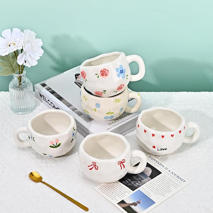 Koythin Ceramic Coffee Mug with Saucer Set, Cute Creative Fresh Fruit Cup Unique Irregular Design for Office and Home, 10 oz/300 ml for Latte Tea Milk