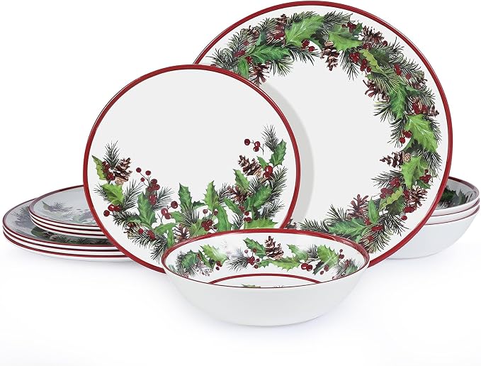 12-Piece Christmas Melamine Dinnerware Set,Holiday Dishes Set，White & Green | Lightweight & Stackable for Home&Party plates,Plate and Bowl Sets Ideal for for Indoor Outdoor Use -Christmas Garland
