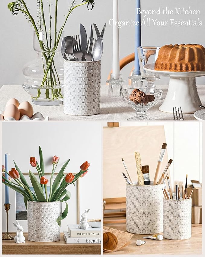 LE TAUCI Kitchen Utensil Holder for Countertop - 7.1"+5.4" Ceramic Utensil Crock Set of 2, Large Cooking Utensil Organizer for Spatula, Spoon, Whisk - Farmhouse Storage, Embossed, Fireworks