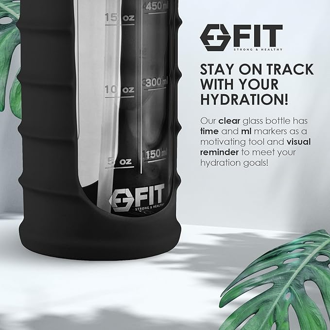 FIT Strong & Healthy 4-Pack 2 & 3 Compartment Glass Meal Prep Containers & 32oz Glass Water Bottle with Straw Lid, Time Marker, Sleeve & Extra Lid (Black)