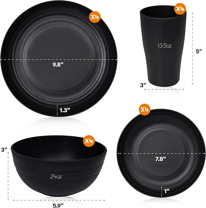 Wheat Straw Dinnerware Sets | Unbreakable Dinnerware Sets | Dishwasher Microwave Safe Dinnerware | Eco Friendly Non Breakable Dinnerware Sets | RV Outdoor Camping (Black, Service for 4 (16 pcs))