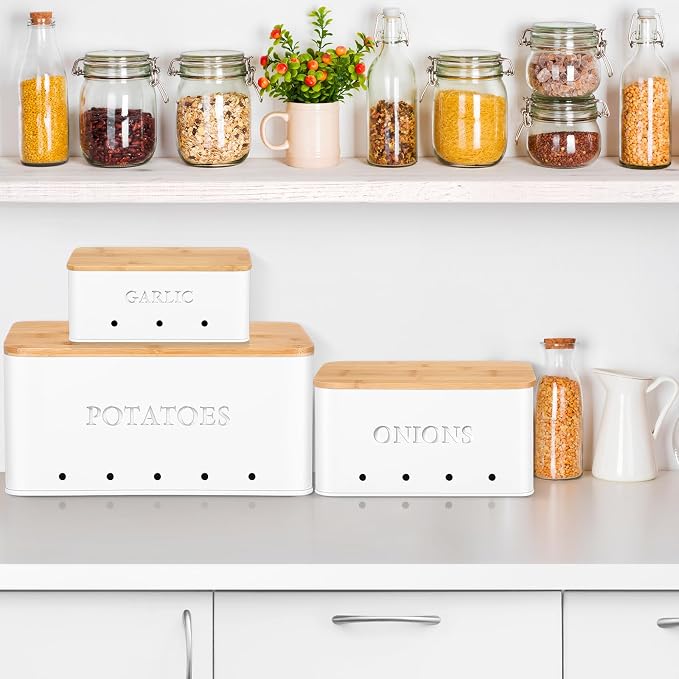 Honeydak 3 PCS White Potato Onion Garlic Storage Bins Set, Metal Vegetable Keeper Containers with Lids Aerating Holes for Kitchen Counter Pantry Keep Fresh Longer Farmhouse for Sweet-potato Fruit
