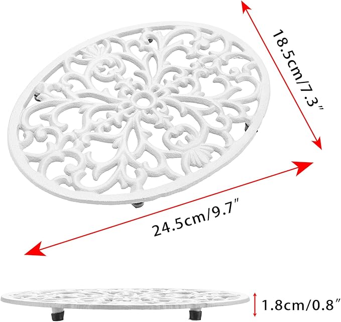 Sumnacon 2 Pcs Oval Cast Iron Trivet - Antique Heat Resistant Metal Trivet for Hot Dish Pot Pan Teapot, Vintage Well Made Hot Plate Pad for Kitchen Dining Countertop Table,White