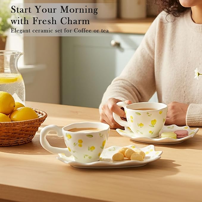 Unique Ceramic Tea Cup and Saucer Set, Coffee Mug, Cup and Saucer Set, Cute Fancy Women's Day Girly Afternoon Tea Set, 5.4 oz/160 ml Vintage Style, For Women and Tea Parties, Yellow flowers