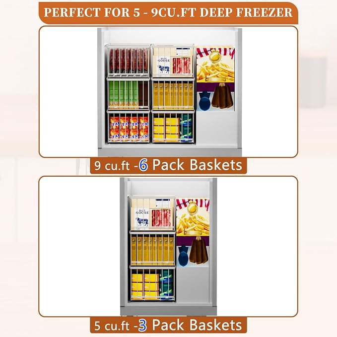 Large Freezer Organizer Bins, Upgrade Quick Expand/Collapse Feature, for 5-9 Cu.Ft Deep Freezer, 4 Pack Stackable Deep Freezer Organizer Bins, Black Wire Foldable Baskets White 4 Pack