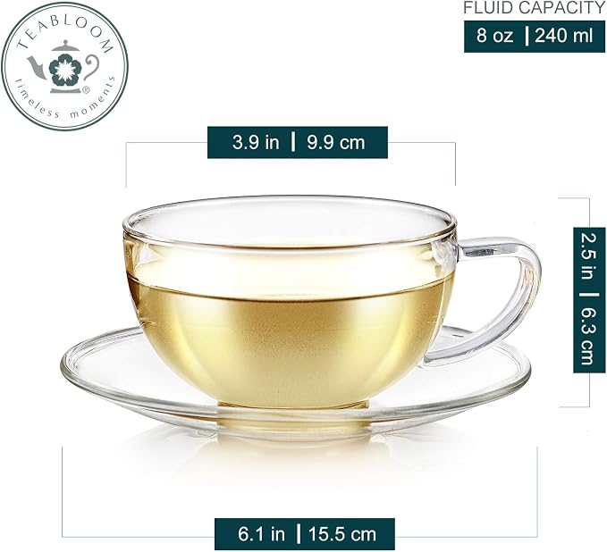 Teabloom Kyoto Teacup and Saucer Set 2-Pack – Medium Size – 8 OZ/ 240 ML Capacity – Crystal Clear Design – Premium Borosilicate Glass – Heat Resistant, Microwave Safe