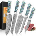 KEENZO Damascus Chef Knife Set 5 pcs, Professional Kitchen Knives Set, Chef's Knife, Santoku,Bread, Paring, Fillet, Utility,Sharp Blade Cooking Knife set, Ergonomic Abalone Shell handle with Gift Box