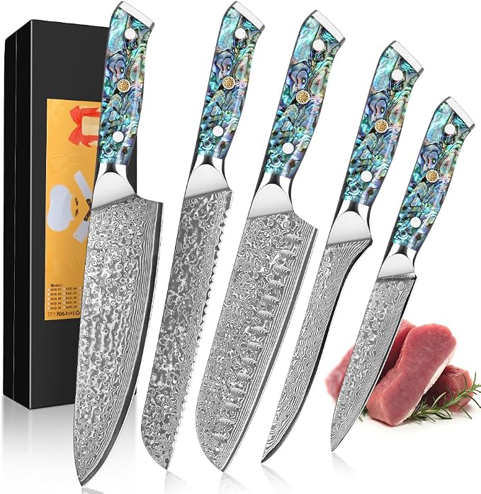 KEENZO Damascus Chef Knife Set 5 pcs, Professional Kitchen Knives Set, Chef's Knife, Santoku,Bread, Paring, Fillet, Utility,Sharp Blade Cooking Knife set, Ergonomic Abalone Shell handle with Gift Box