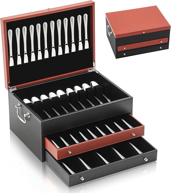 DoubleFill 3 Layer Leather Silverware Storage Box with Lid and Handles, Anti Tarnish Silverware Storage Chest Case with Felt-lined for 12-16 or More Sets of Utensils Flatware Gifts, 15.3x11.2x9 Inch