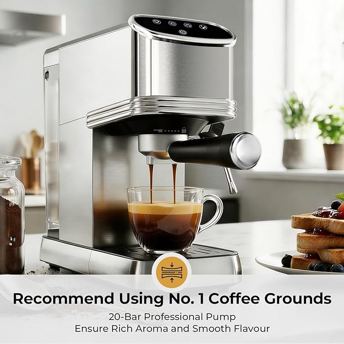 Kismile Espresso Machine 20 Bar, Small Coffee Maker with Milk Frother, Stainless Steel Coffee Machine with 45oz Removable Water Tank for Cappuccino, latte, Silver