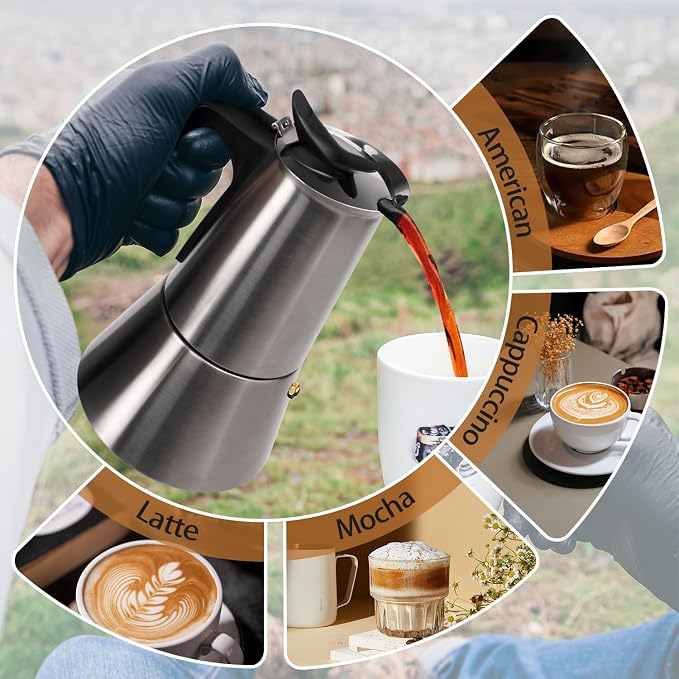 Electric Stainless Steel Moka Pot 6 Cup 300ml Mocha Pot Espresso Maker with Detachable Base Ideal Coffee Maker for Home Italian and Cuban Café Coffeemaker Espressomaker Coffee Pot