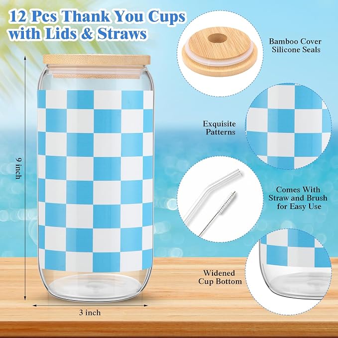 Skylety 12 Set Back to School Gingham Cup Bulk Teachers Appreciation Gifts 16 oz Pastel Checkered Glass Cups with Lids Straws Spiral Notebooks Pens for Silly Goose Birthday Classroom Student Supplies