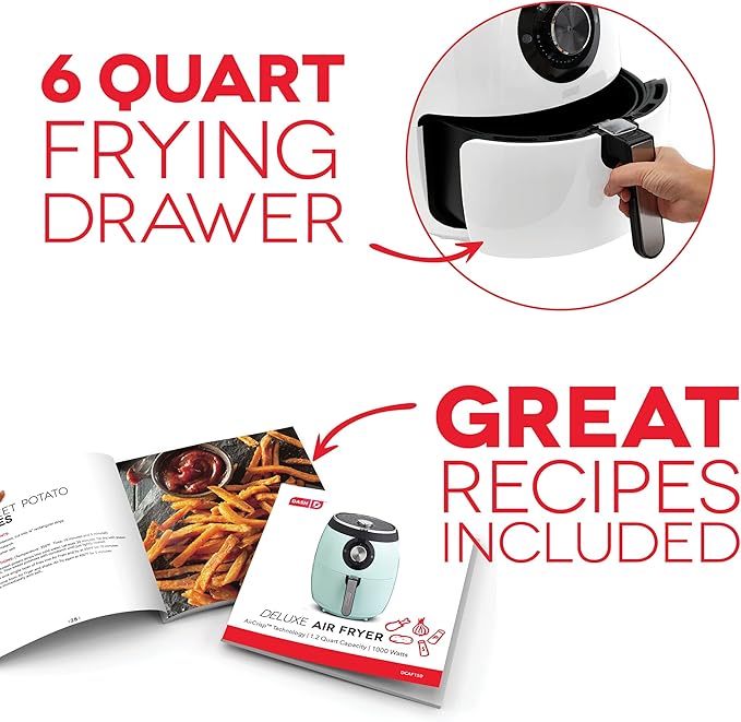 Dash Deluxe Air Fryer - Adjustable Temperature Control & Auto Shut-Off Feature - AirCrisp® Technology - Spacious Nonstick Basket - 1700 Watt - 6 Quarts - White