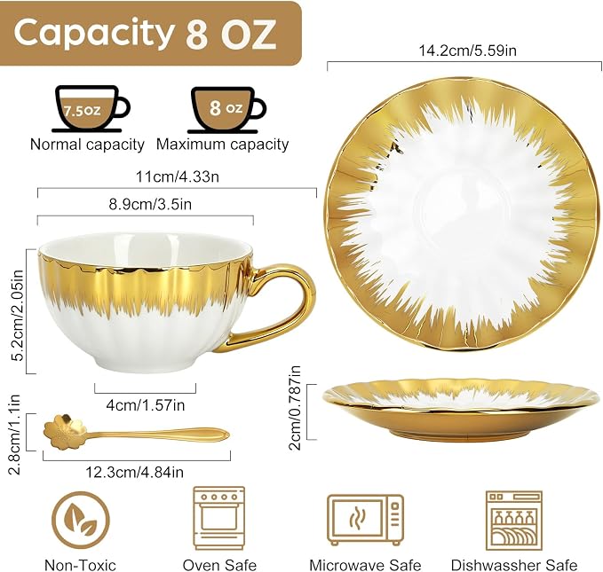 Cappuccino Cups with Saucers and Sakura Spoons, 8 oz Ceramic Espresso Cup Set of 4, Gold-Trim Coffee Cup Mugs for Latte, Tea, Kitchen or Café, Microwave and Dishwasher Safe