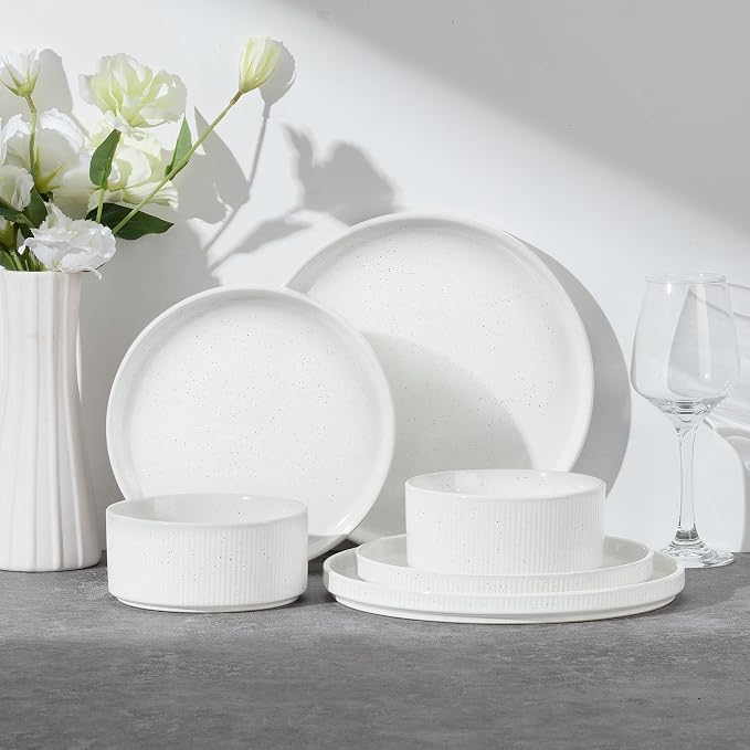E-far Stoneware Dinnerware Sets for 2, 6-Piece Plates and Bowls Sets, Chip & Scratch Resistant Ribbed Dish Set for Home Restaurant, Microwave & Dishwasher Safe, Speckled White