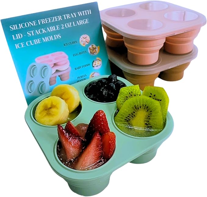Silicone Freezer Tray with Lid - Stackable 2 oz Large Ice Cube Molds for Homemade Purees, Egg Bites, Broth Food Storage - Dishwasher Safe - 3 Pack