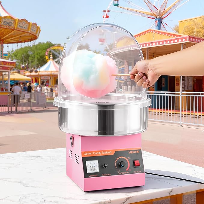 VEVOR Electric Cotton Candy Machine, 1000W Commercial Floss Maker With Cover, Commercial Cotton Candy Machine w/Stainless Steel Bowl & Sugar Scoop, Ideal for Carnival, Birthday, Family Party, Pink