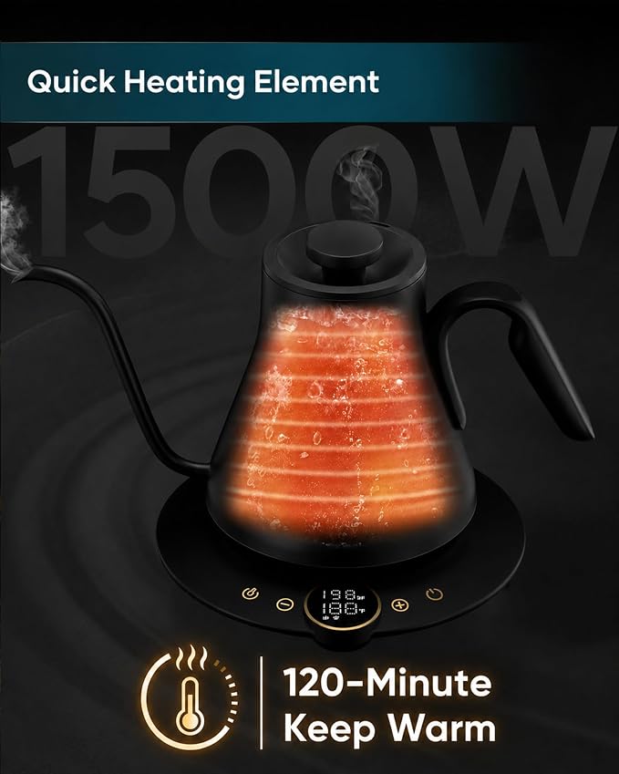 INTASTING Gooseneck Electric Kettle with ±1℉ Temperature Control for Pour Over Coffee & Tea, Quick Heating, BPA-Free Stainless Steel, Built-in Brew Timer, 1500W/0.9L (Ebony Black)