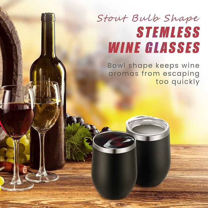 Remagr 6 Pack Stainless Steel Wine Tumblers 12 oz Insulated Vacuum Wine Cup Set Double Wall Stainless Steel Stemless Mug Glasses for Coffee Soda Whiskey Outdoor Travel (Black)