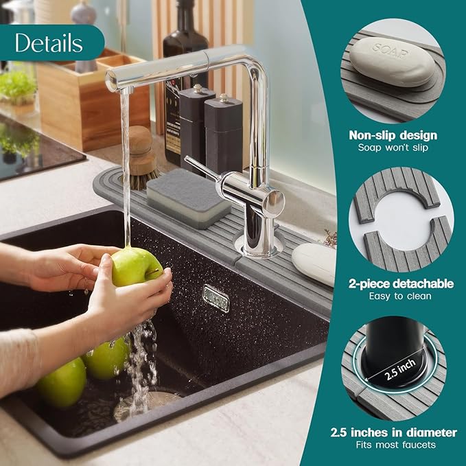 eormoe Kitchen Faucet Mat - Diatomite Splash Guard for Sink, Quick-Drying Water Absorbing Stone Tray [Grey, 23.6" x 3.9"], Includes Sandpaper