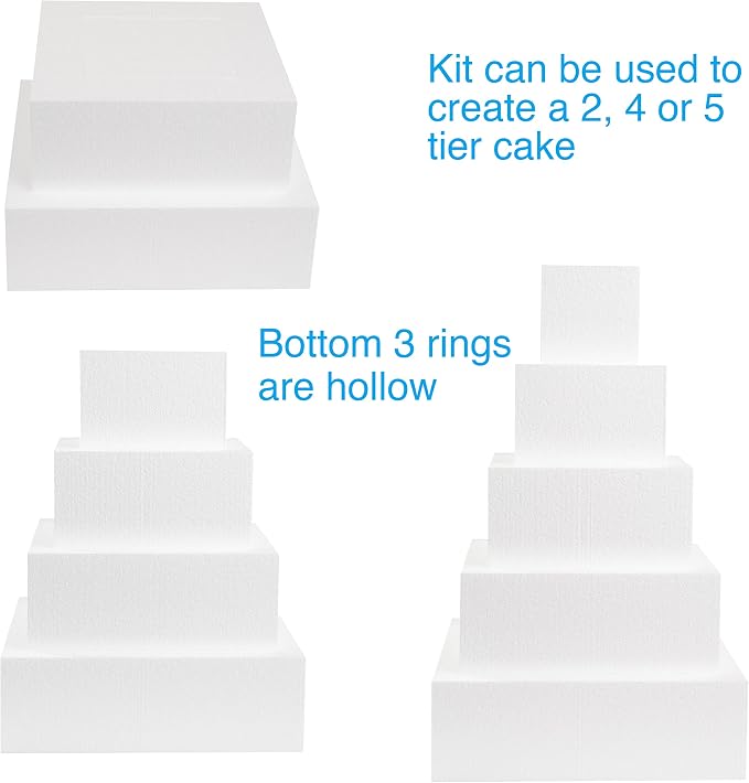 Silverlake 5-Tier Square Cake Dummy Set - Nesting 4" H x 4,6,8,10 & 12" W Blocks for Styrofoam Baking Display Projects