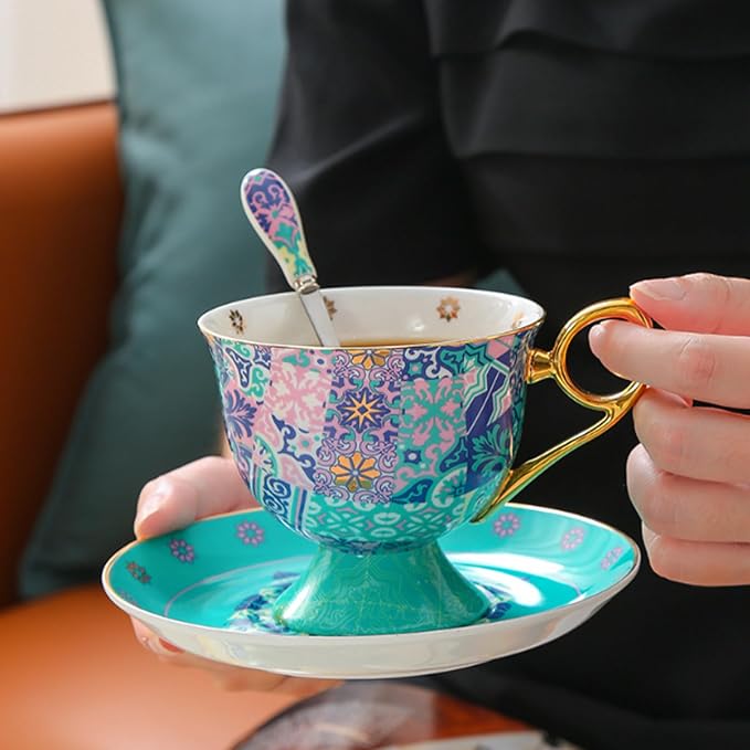 Tea Cup and Saucer Set, Tea Set,Coffee Mug(8oz), Ivory Porcelain Coffee Cup Vintage Floral Ceramic Tea Cup Set with Saucer and Spoon,Gold Trim and Gift Box for Woman/Men(A)