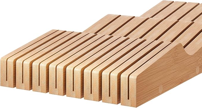 In-Drawer Knife Block Organizer - Bamboo Wood Drawer Knife Organizer-Protecting Knife Organizer Block (Not Included) (Natural, 15 Knives Dock)