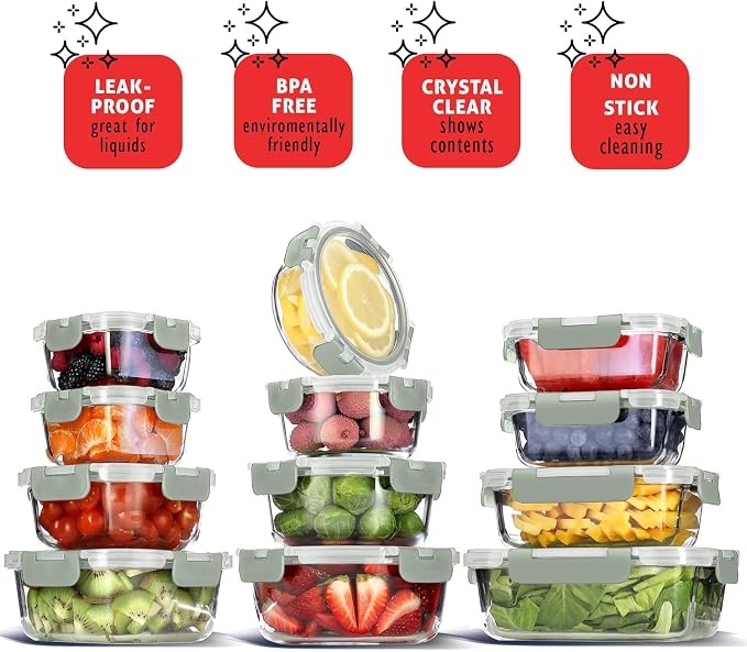 Nestl 48pc Glass Storage Containers with Lids, 24 Glass Food Storage Containers with 24 Airtight Lids for Pantry & Kitchen, Meal Prep Containers for Lunch, Oven Microwave & Dishwasher Safe, Sage Green