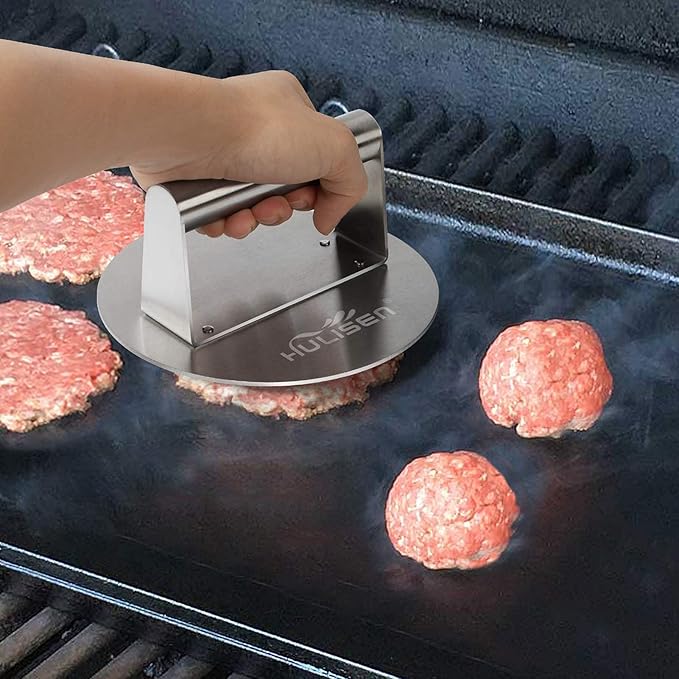 HULISEN Smashed Burger Kit, Stainless Steel Burger Press, Grill Spatula and Spice Dredge Shaker - Burger Smasher Griddle Accessories Kit for Flat Top Griddle Grill Cooking, Gift Package