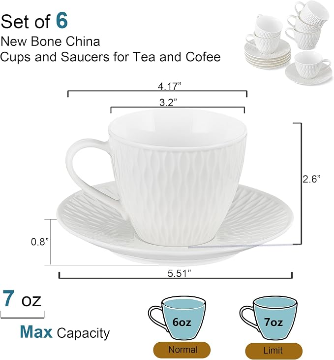 Espresso Cup and Saucer Set of 6, 6 oz Ceramic Cappuccino Barista Cup with Saucer, Stackable Coffee Mugs for Demitasse, Au Lait, Latte, Cafe Mocha, Tea, Birthday Day Thanksgiving Christmas Gift, White