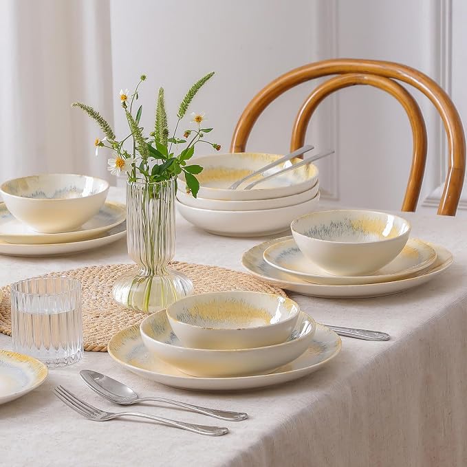 DOMICREVERY Ceramic Dinnerware Sets for 6, 24 Pieces Plates and Bowls Sets, Lemon Sea